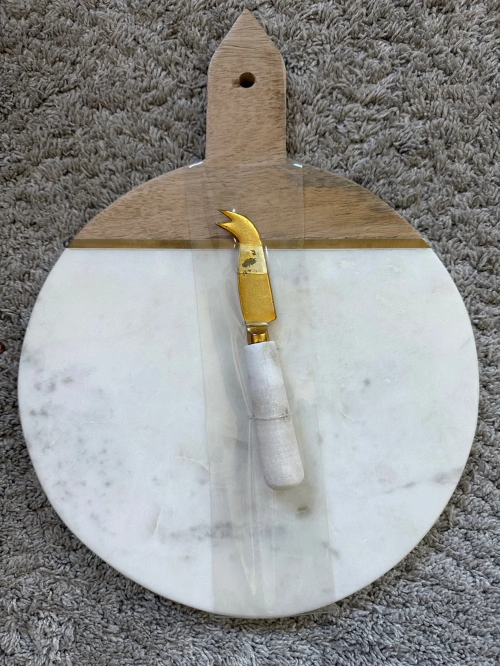 Cost Plus World Market White Marble & Wood Round Cheese Board with Gold Spreader